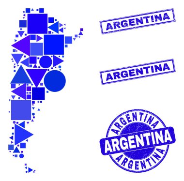 Mavi Geometrik Mozaik Arjantin Haritası ve Damgaları