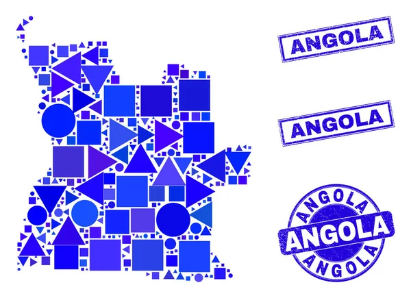 Mavi Geometrik Mozaik Angola Haritası ve Mühürleri — Stok Vektör