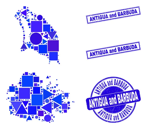 Blaues geometrisches Mosaik Antigua und Barbuda Karte und Siegel — Stockvektor