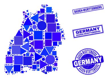 Mavi Geometrik Mozaik Baden-Wurttemberg Toprak Haritası ve Pulları