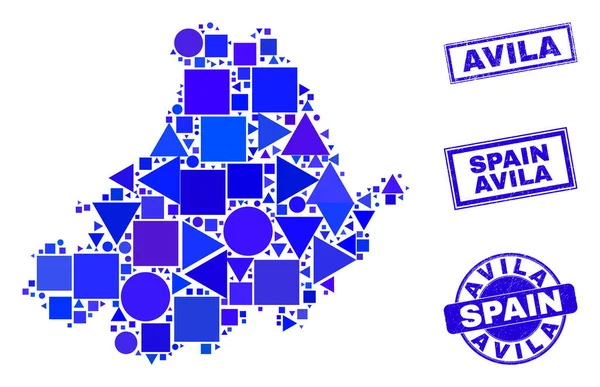 Mapa geométrico azul da província de Ávila do mosaico e selos — Vetor de Stock