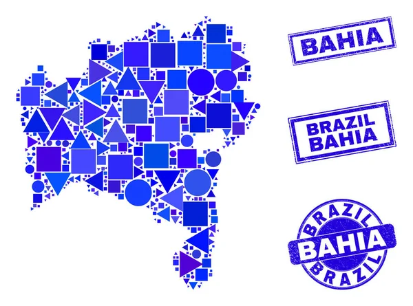 Kék geometriai mozaik Bahia állam térképe és plombái — Stock Vector