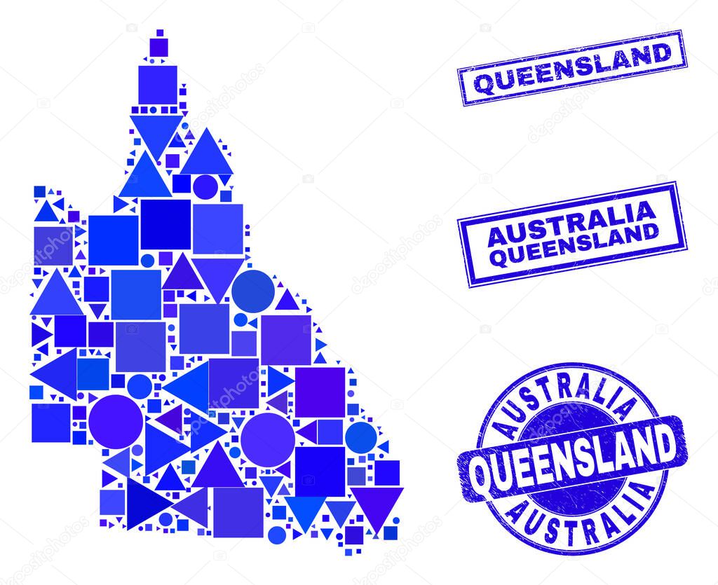 Blue Geometric Mosaic Australian Queensland Map and Stamps