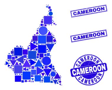 Mavi Geometrik Mozaik Kamerun Haritası ve Pulları