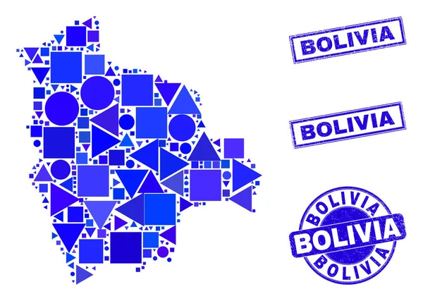 Blauw Geometrische Mozaïek Bolivia Kaart en postzegels — Stockvector