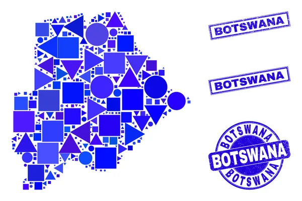 Mapa i pieczęcie mozaiki niebieskiej geometrycznej Botswany — Wektor stockowy