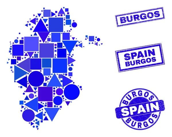 Mapa geométrico azul da província de Burgos do mosaico e selos — Vetor de Stock