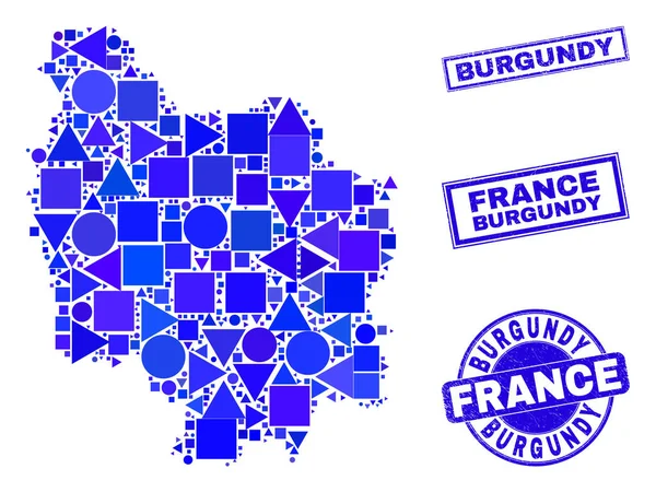 Mapa geométrico azul da província de Borgonha mosaico e carimbos — Vetor de Stock