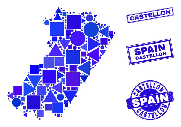 Carte et sceaux de la province de Castellon en mosaïque géométrique bleue — Image vectorielle