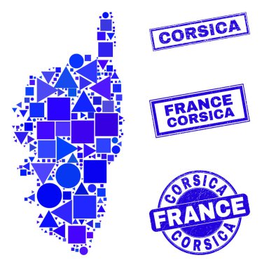 Mavi Geometrik Mozaik Korsika Haritası ve Damgaları