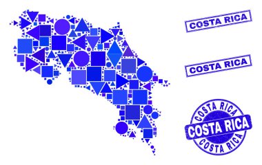 Mavi Geometrik Kosta Rika Haritası ve Damgaları