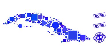 Mavi Geometrik Mozaik Küba Haritası ve Mühürleri