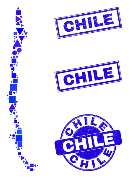 Mapa de Blue Geometric Mosaic Chile e Selos — Vetor de Stock