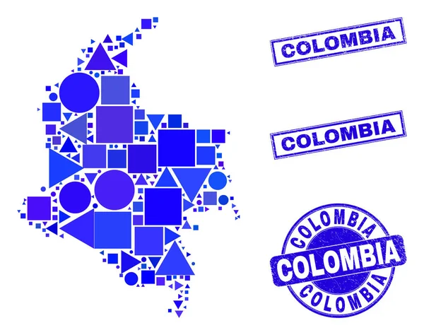 Blue Geometric Mosaic Colombia Karta och Tätningar — Stock vektor