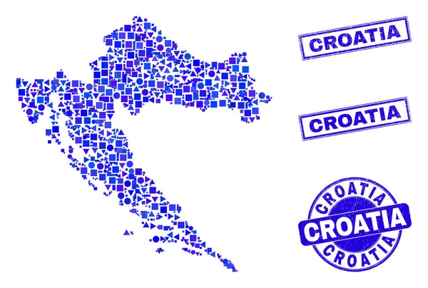 Blaues geometrisches Mosaik Kroatien Landkarte und Briefmarken — Stockvektor