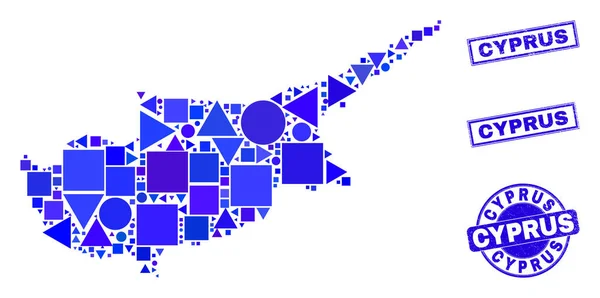 Kék geometriai mozaik Ciprus térképe és plombái — Stock Vector