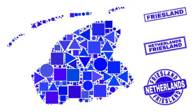 Mavi Geometrik Mozaik Friesland Eyaleti Haritası ve Damgaları