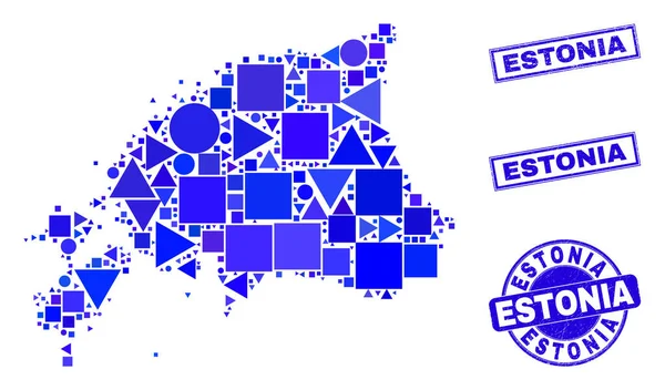 Blauw Geometrische Mozaïek Estland Kaart en postzegels — Stockvector
