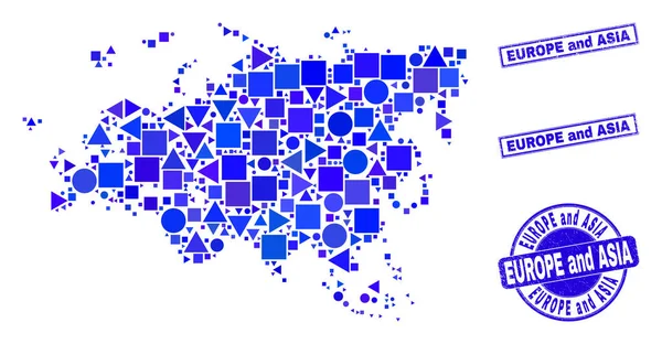 Mosaïque Géométrique Bleue Europe et Asie Carte et sceaux — Image vectorielle