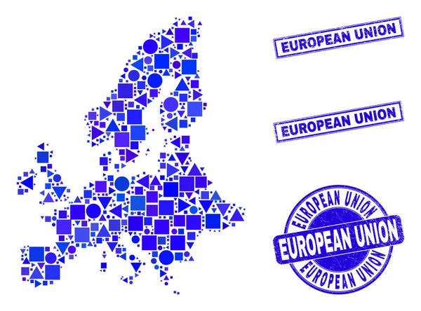 Mosaïque géométrique bleue Carte de l'Union européenne et sceaux — Image vectorielle