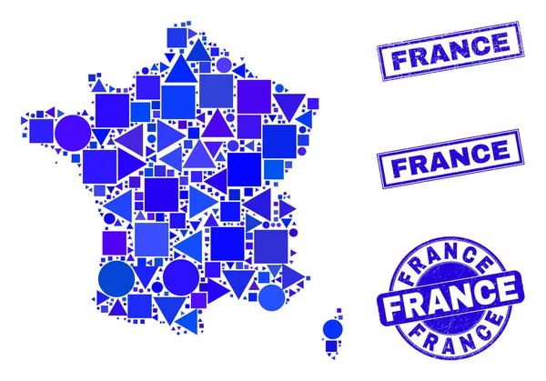 Blue Geometric Mosaic France Map and Stamps — стоковий вектор