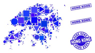 Mavi Geometrik Mozaik Hong Kong Haritası ve Damgaları