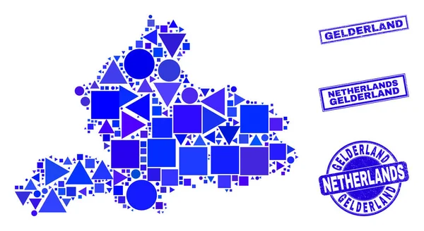 Mapa geométrico azul da província de Gelderland mosaico e selos — Vetor de Stock