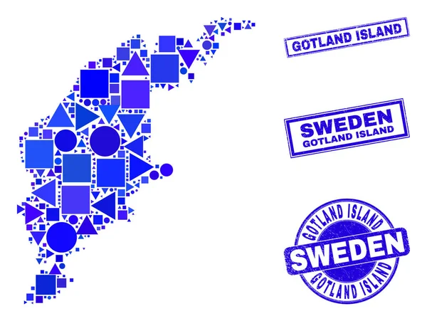 Mavi Geometrik Mozaik Gotland Adası Harita ve Mühürleri — Stok Vektör
