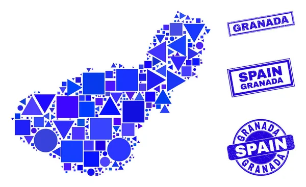 Mapa geométrico azul da província de Granada e carimbos — Vetor de Stock