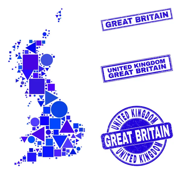 Mosaico Geométrico Azul Gran Bretaña Mapa y sellos — Vector de stock