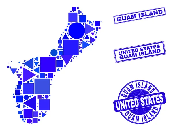 Blue Geometric Mosaic Guam Island Mapa y sellos — Vector de stock