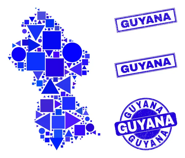 Mosaico geométrico azul Guyana Mapa y sellos — Vector de stock