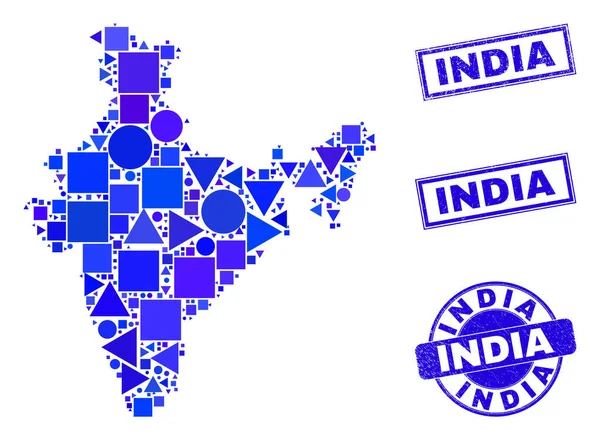 Mosaico geométrico azul India Mapa y sellos — Vector de stock