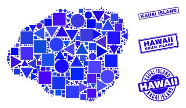 Mavi Geometrik Mozaik Kauai Adası Haritası ve Damgaları
