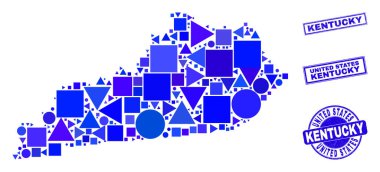 Mavi Geometrik Mozaik Kentucky Eyalet Haritası ve Mühürleri