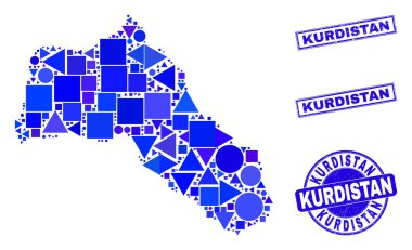 Mavi Geometrik Mozaik Kürdistan Haritası ve Damgaları