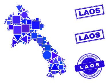 Mavi Geometrik Mozaik Laos Haritası ve Mühürleri