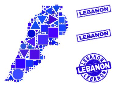 Mavi Geometrik Lübnan Haritası ve Mühürleri