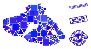 Mavi Geometrik Mozaik Lezbiyen Adası Haritası ve Damgaları