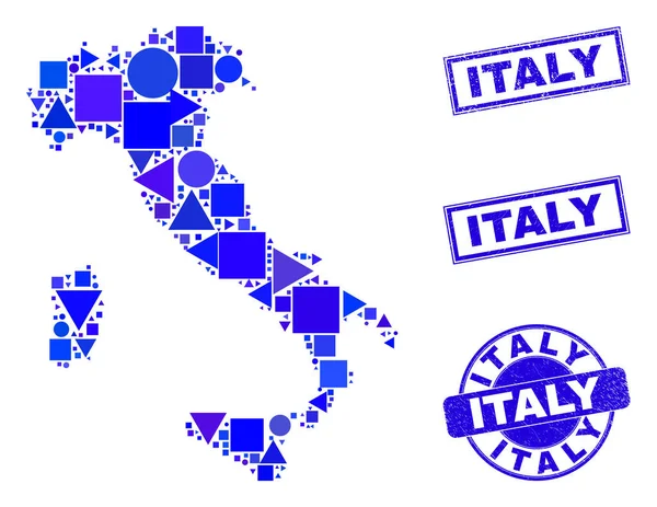 Blue Geometric Mosaic Italia Mappa e francobolli — Vettoriale Stock