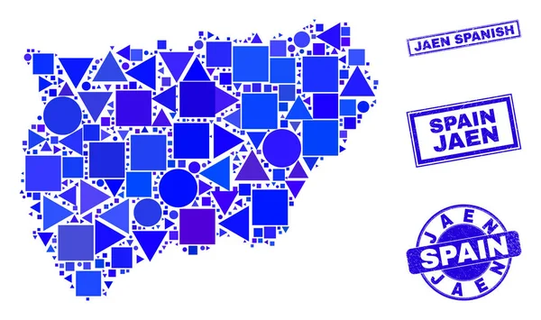 Mapa geométrico azul da província espanhola de Jaen Mosaic e Selos — Vetor de Stock