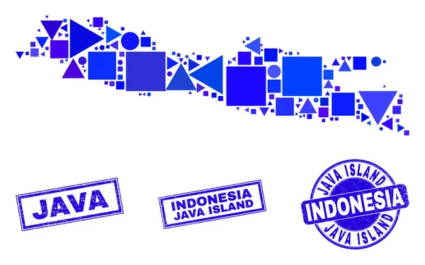 Błękitna geometryczna mapa wysp i znaczki mozaiki Java — Wektor stockowy