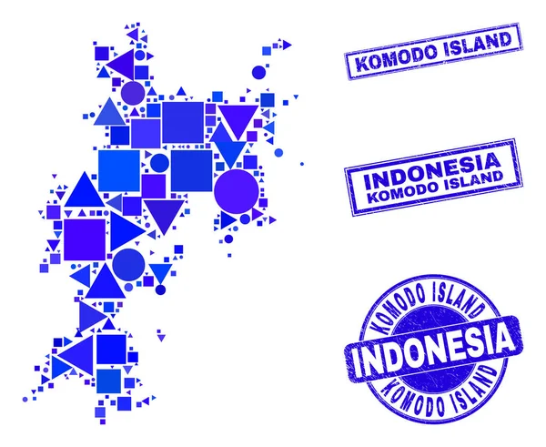 Błękitna geometryczna mapa wyspy Komodo i pieczęcie — Wektor stockowy