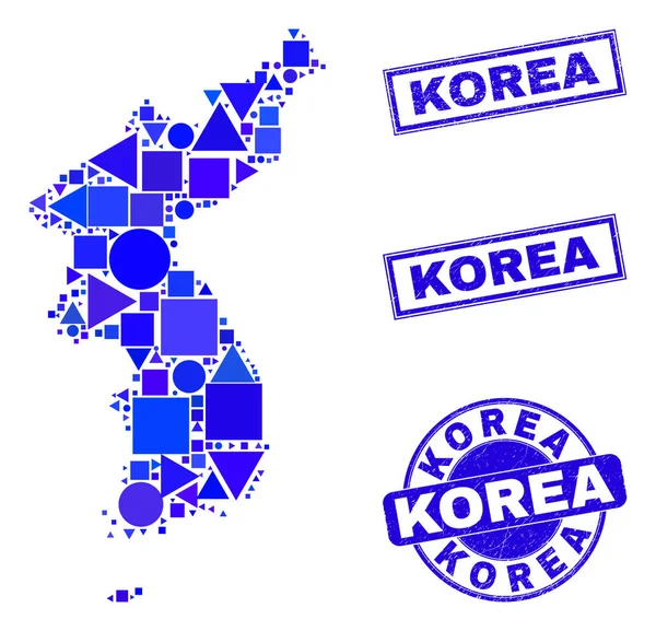 Mosaico Geométrico Azul Corea Mapa y sellos — Vector de stock