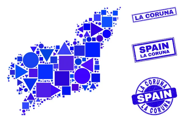 Blue Geometric Mosaic La Coruna Province Map and Seals — Stock Vector