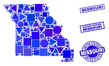Mavi Geometrik Mozaik Missouri Devlet Haritası ve Mühürleri
