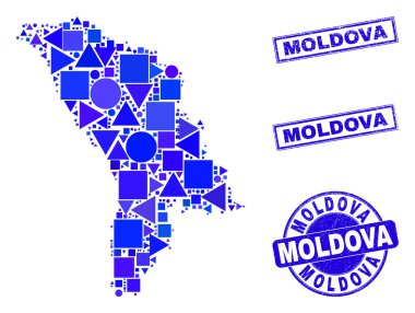 Mavi Geometrik Moldova Haritası ve Damgaları