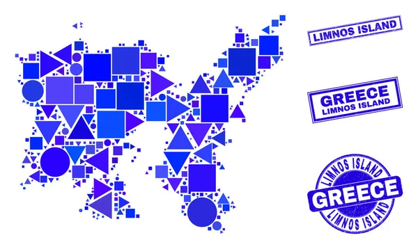 Błękitna geometryczna mapa wysp Limnos i pieczęcie — Wektor stockowy
