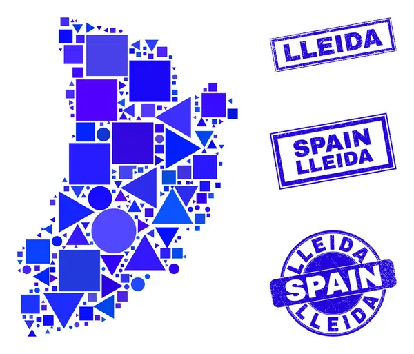 Mapa geométrico azul da província de Lleida mosaico e selos — Vetor de Stock