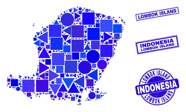 Blue Geometric Mosaic Lombok Island Χάρτης και Σφραγίδες — Διανυσματικό Αρχείο
